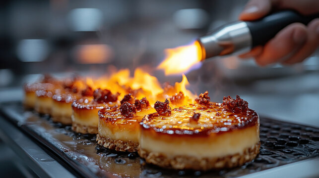 A chef using a blowtorch to caramelize the top in a professional kitchen