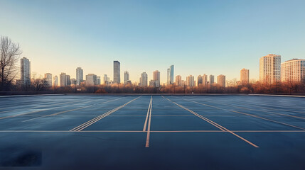 Obraz premium Empty parking lot with panoramic view of a city skyline, a few distant skyscrapers reflecting early morning light.