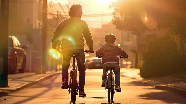 A man and a child are riding bicycles down a street. The man is wearing a yellow sweater and the child is wearing a red jacket. The scene is set in the evening, with the sun setting in the background
