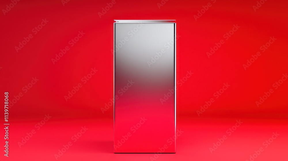 Poster modern 3d silver rectangular box mockup displayed on a solid red background for luxury branding.