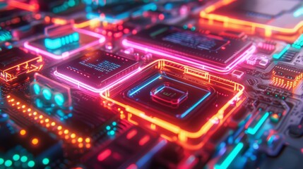 Obraz premium Close-up of vibrant, glowing circuit board components.