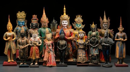 Fototapeta premium A group of Nang Talung puppets displayed in a colorful arrangement, each representing a unique Thai folklore character with detailed craftsmanship.