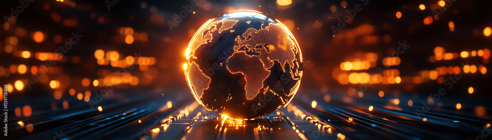 Poster a glowing globe representation of earth surrounded by digital networks.