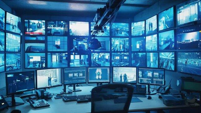 A high-tech security control room with numerous monitors displaying surveillance footage, emphasizing modern security and technology in a factory setting. The atmosphere is professional and highly mon