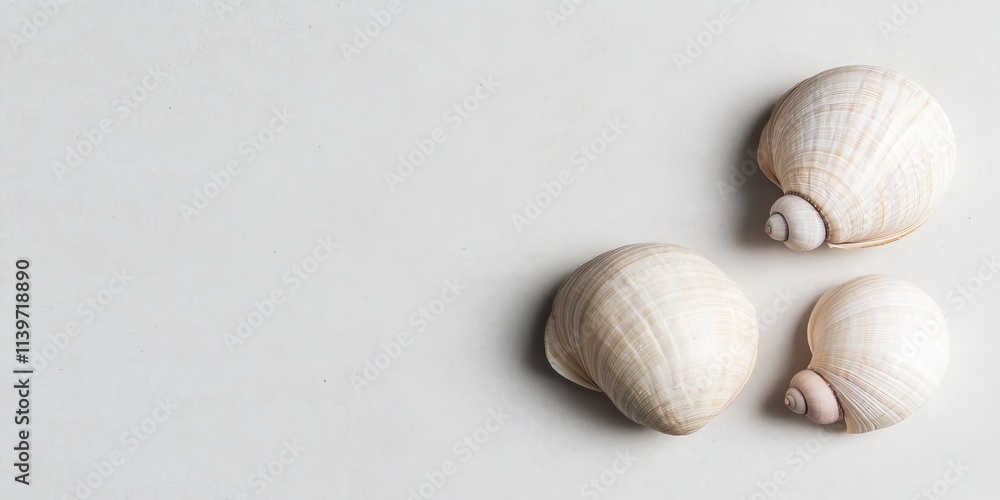 Poster snail shells arranged on a clean, contrasted surface with ample empty space for creative design