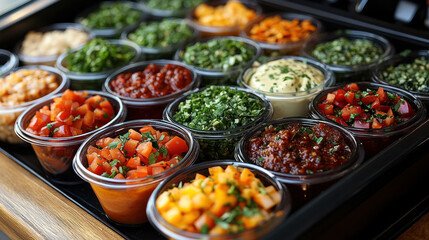 Obraz premium A condiment bar with unique flavors like jalape aioli, chipotle mayo, and sweet chili sauce