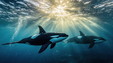 Fototapeta premium Two orcas swimming underwater, sunbeams shining through the surface.