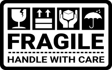 sticker fragile handle with care, black and white warning label, fragile label with broken glass symbol, vector asset. keep dry and avoid liquid sign