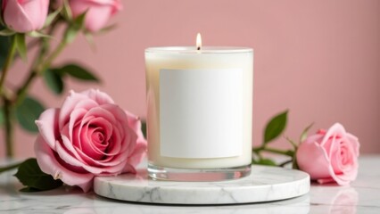 White candle wide blank white label template, rose flowers for valentine day, birthday, March 8, congratulations, cozy and romantic atmosphere, photo for advertising, banner, business and post card