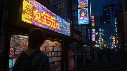 A nighttime street scene featuring colorful advertisements and a person looking at a shop.