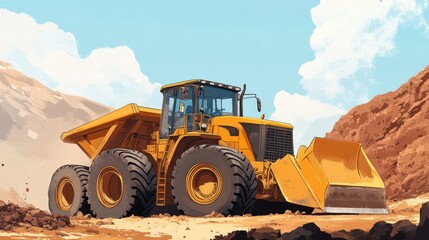 A vibrant illustration of a massive yellow front-end loader tractor with a dirt-filled scoop, set against a dusty open-pit mining site