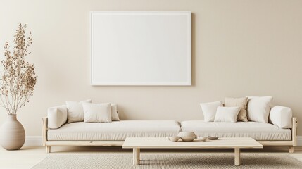 Subtle Scandinavian design in a living room with pale beige walls and a white poster frame for a peaceful look.