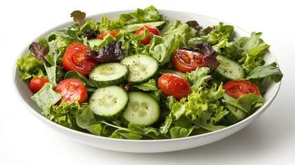 Fresh garden salad with lettuce, cucumber, and tomatoes.