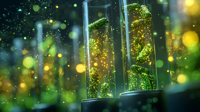 Glowing microbial cultures in test tubes, showcasing vibrant synbiotic strains