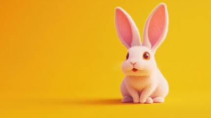 Fototapeta premium Cute cartoon rabbit sitting on a bright yellow background.