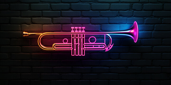 Neon Trumpet Sign on a Brick Wall