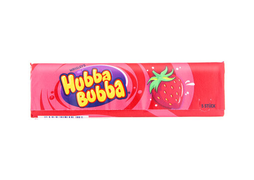 LONDON, UK - DECEMBER 09, 2024: Hubba Bubba original chewing gum with strawberry flavour on white background.