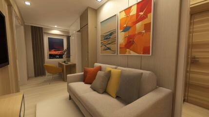 A stylish interior of a modern apartment with a minimalist design, featuring a comfortable sofa, contemporary art on the walls, and sleek furniture. This image is ideal for interior design, 