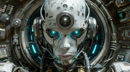 Close-up of a futuristic android's head with glowing eyes and intricate mechanical details.