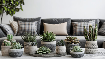 A living room interior featuring a gray velvet sofa adorned with pillows and a gray plaid, complemented by a coffee table displaying succulents in pots, set against a white wall background. Render 3D