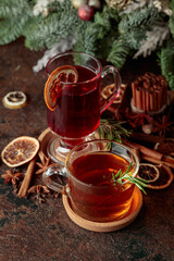 Christmas drinks on a brown vintage background.