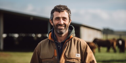 A portrait of a male farmer in overalls stands near his farm. Generative AI.
