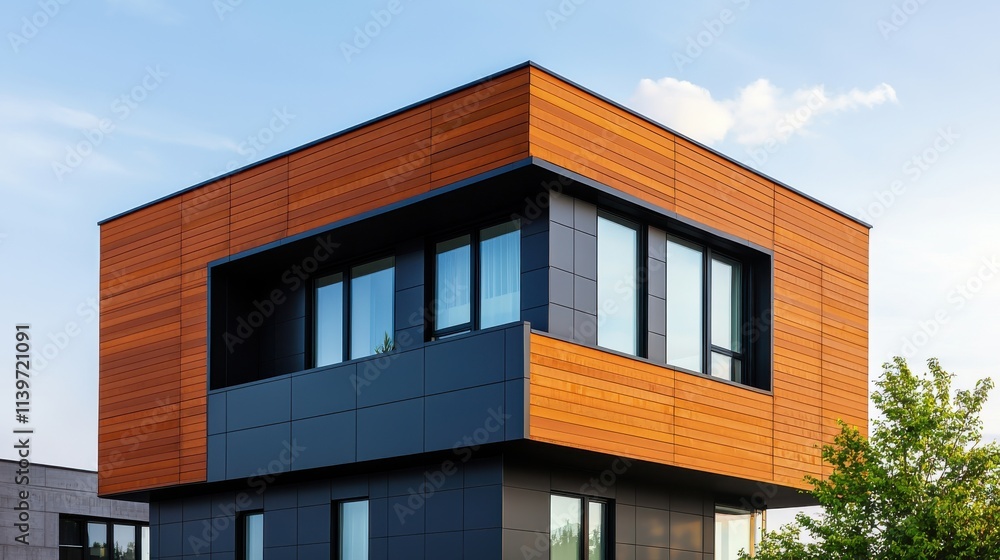 Poster a modern building featuring a striking mix of wooden and dark materials, complemented by large windo