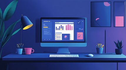 A digital workspace featuring a computer with data visualizations and office supplies.