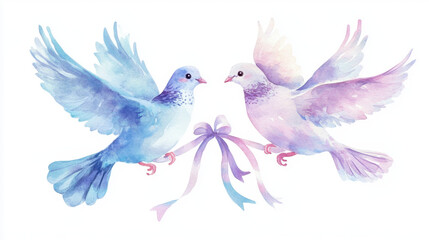 Obraz premium pair of doves flying with ribbons tied to their feet,igeon, peace,