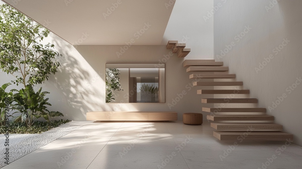 Poster a staircase is made of wood and is located in a room with a mirror