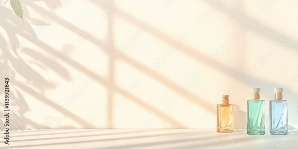 Poster elegant perfume vials with clean shadows and contrasting empty space for promoting fragrances