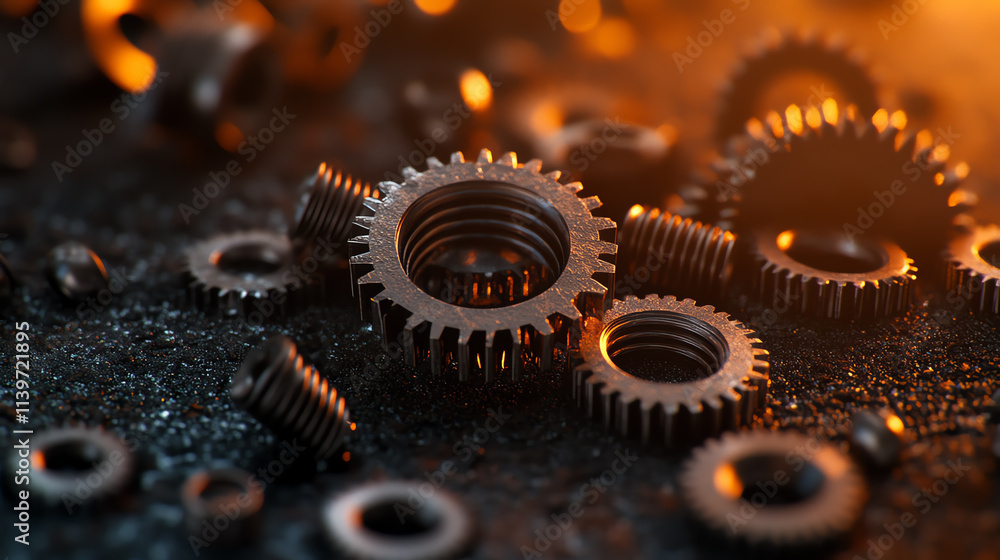 Poster close-up view of metal gears and cogs on a dark surface with lighting effects.