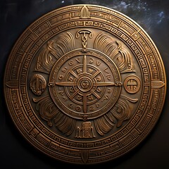 Fototapeta premium Mysterious Bronze Disc with Ancient Alien Script about the Lost Continent of Atlantis