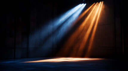 Dramatic light beams create a captivating atmosphere in a dark space.