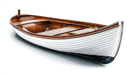 A classic wooden rowboat with a white painted hull and a dark wooden interior on white background