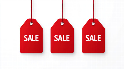 3 red price tags with the word "SALE" on them, white background