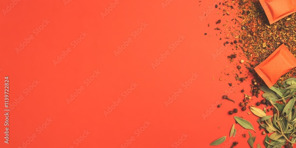 Poster Colorful banner featuring spice sachets against a vibrant background with ample empty space