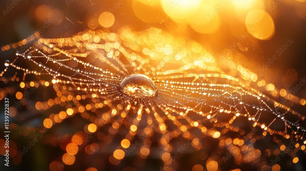 Poster a close-up of a spider web adorned with dew drops, illuminated by warm sunlight.