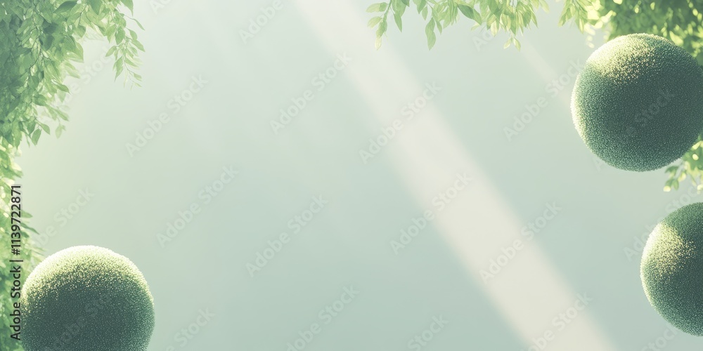 Poster Contrast banner with empty space surrounded by moss balls and soft shadows in a serene environment