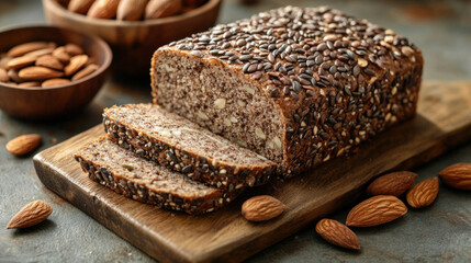 A gluten-free bread loaf with seeds and nuts, freshly baked and sliced on a wooden cutting board
