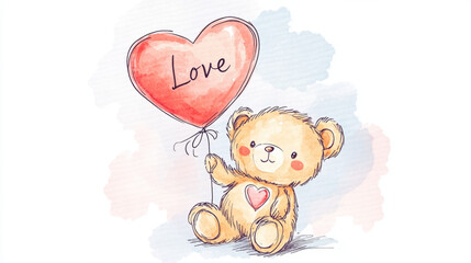 teddy bear holding a heart-shaped balloon with ,bear, love, baby,