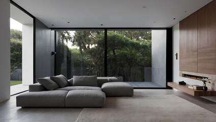 Fototapeta premium Spacious living room featuring a modern gray sectional sofa and large windows overlooking a green landscape.