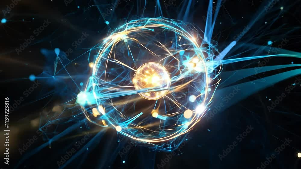 Poster digital illustration depicting an intricate atomic structure with glowing electrons and particles. t