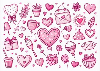 Hand-drawn Valentine's Day doodles featuring pink hearts and cute romantic illustrations, perfect for love-themed projects and celebrations, isolated on a clean white background.