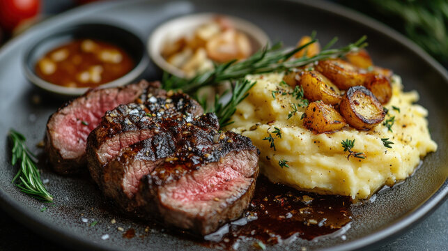 A gourmet dinner plate of beef tenderloin with red wine jus and roasted garlic mashed potatoes
