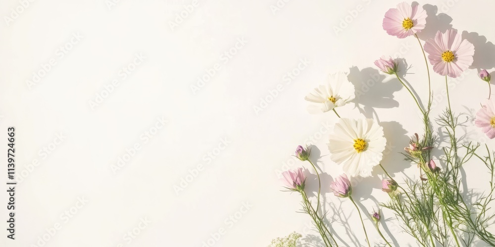 Poster creative banner design featuring pressed flowers and clean shadows with contrast empty space inside