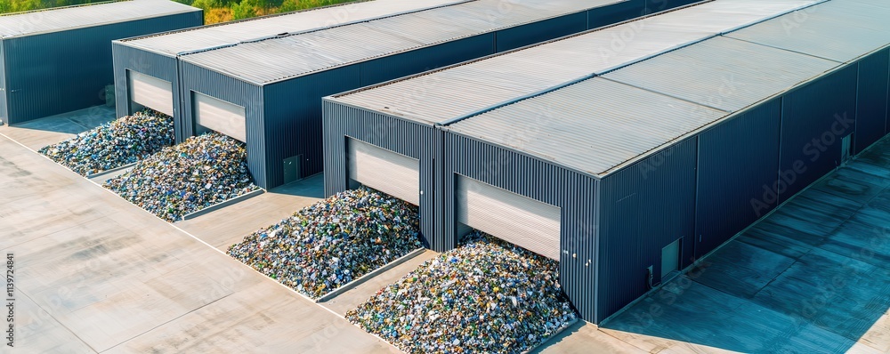 Poster aerial view of shipping containers filled with gravel, arranged in rows on a concrete surface, showc