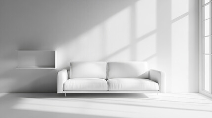 "Cozy living room interior featuring a soft sofa, a shelf, and a window, with a blank wall ideal for a mockup display."