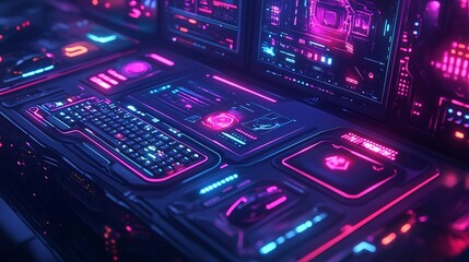 Obraz premium A custom gaming mousepad with bold, neon graphics, covering a high-tech gaming setup with LED keyboard and a dual-monitor display, vivid lighting enhancing the intense design, hd quality,