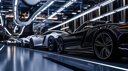 Obraz premium Modern cars elegantly arranged in an industrial showroom, showcasing sleek designs and advanced technology, embodying innovation and automotive excellence.